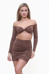 Long Sleeve Twist Front Bardot Top & Mini Skirt Co-Ord Set in Brown