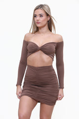 Long Sleeve Twist Front Bardot Top & Mini Skirt Co-Ord Set in Brown