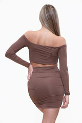 Long Sleeve Twist Front Bardot Top & Mini Skirt Co-Ord Set in Brown