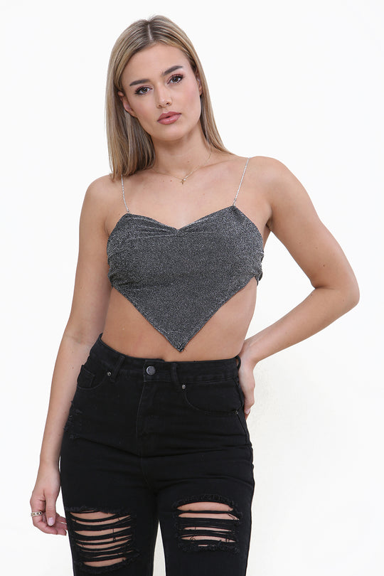 Diamante Strap Bandana Shape Tie Back Crop Top in Black