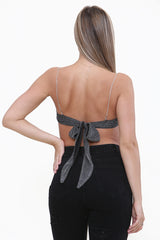 Diamante Strap Bandana Shape Tie Back Crop Top in Black back
