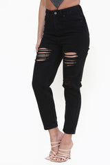 High Waisted Black Ripped Mom Jeans in Black side