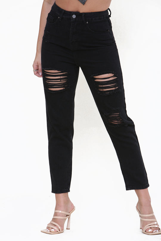 High Waisted Black Ripped Mom Jeans in Black