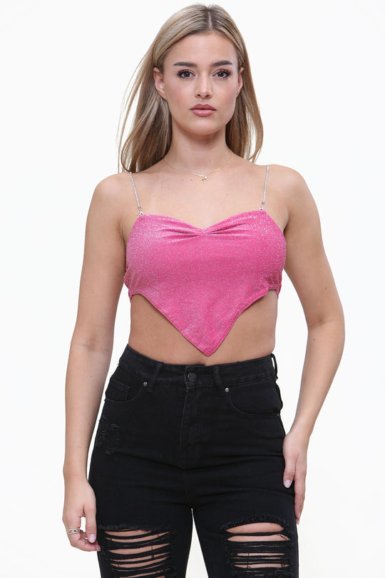Diamante Strap Bandana Shape Tie Back Crop Top in Pink