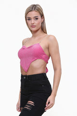 Diamante Strap Bandana Shape Tie Back Crop Top in Pink side