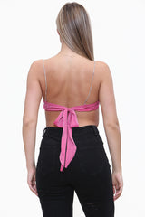 Diamante Strap Bandana Shape Tie Back Crop Top in Pink back