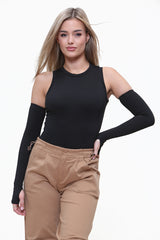 High Neck Bodysuit With Fingerless Gloves in Black