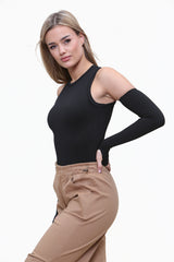 High Neck Bodysuit With Fingerless Gloves in Black