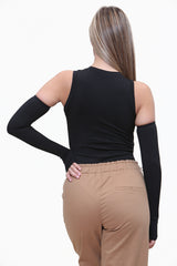 High Neck Bodysuit With Fingerless Gloves in Black