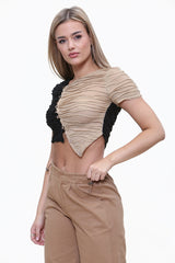 Angled Button Front Cropped Asymmetric T-Shirt Side