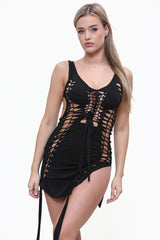 Extreme Cutout Tie Detail Mini Dress in Black front 2