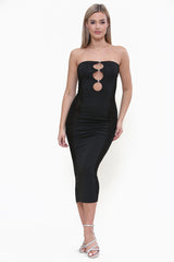 Strapless Cutout Bust Pannelled Mesh Midi Dress in Black