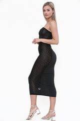 Strapless Cutout Bust Pannelled Mesh Midi Dress in Black