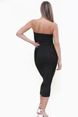 Strapless Cutout Bust Pannelled Mesh Midi Dress in Black