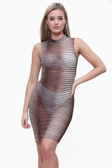 High Neck Ribbed Sleeveless Bodycon Midi Dress in Brown