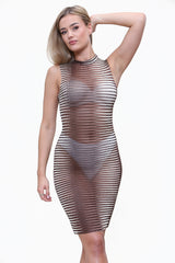 High Neck Ribbed Sleeveless Bodycon Midi Dress in Brown