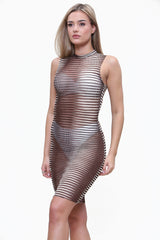 High Neck Ribbed Sleeveless Bodycon Midi Dress in Brown