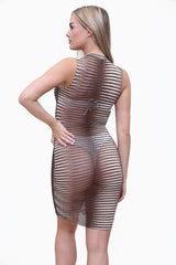 High Neck Ribbed Sleeveless Bodycon Midi Dress in Brown