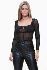Long Sleeve Sheer Heart Detail Crop Top in Black