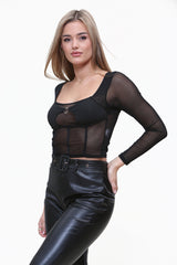 Long Sleeve Sheer Heart Detail Crop Top in Black