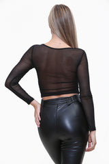 Long Sleeve Sheer Heart Detail Crop Top in Black