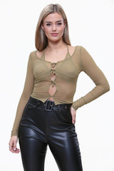 Mesh Long Sleeve Sheer Tie Front Top in Khaki