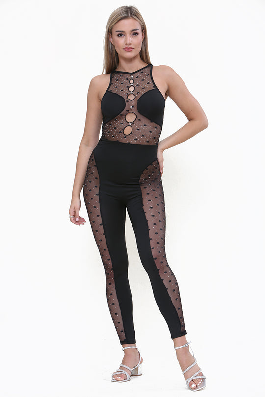 High Neck Sleeveless Pannelled Mesh Jumpsuit in Black