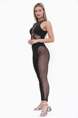 High Neck Sleeveless Pannelled Mesh Jumpsuit in Black