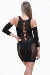 Mesh Cutout Mini Dress With Fingerless Gloves in Black