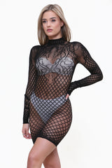 High Neck Long Sleeve Sheer Bodycon Mini Dress