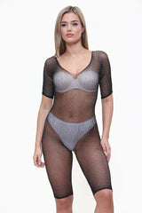 Diamante Embellished 3/4 Sleeve Fitted Romper in Black