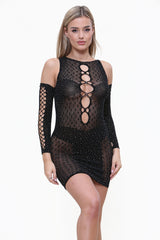 Diamante Embellished Cutout Mini Dress With Fingerless Gloves in Black front