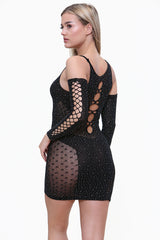 Diamante Embellished Cutout Mini Dress With Fingerless Gloves in Black back
