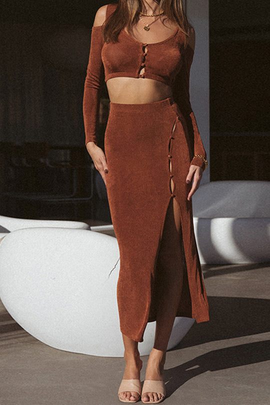 Cold Shoulder Cutout Crop Top & Bodycon Midi Skirt Co-Ord in Rust