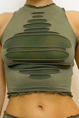 High Neck Extreme Cutout Crop Top in Khaki