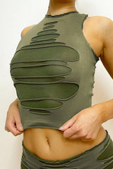 High Neck Extreme Cutout Crop Top in Khaki