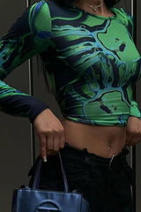 High Neck Long Sleeve Crop Top in Green