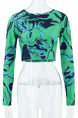 High Neck Long Sleeve Crop Top in Green