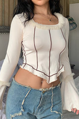 Long Fur Trim Sleeve Binding Detail Top in Cream