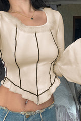 Long Fur Trim Sleeve Binding Detail Top in Cream