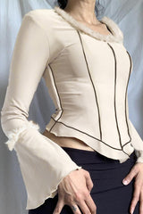 Long Fur Trim Sleeve Binding Detail Top in Cream