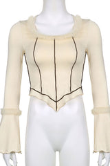 Long Fur Trim Sleeve Binding Detail Top in Cream