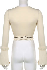 Long Fur Trim Sleeve Binding Detail Top in Cream