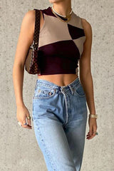 Sleeveless Printed Crop Top in Chocolate
