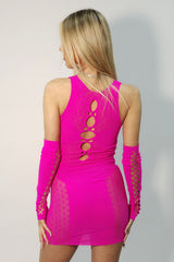 Cutout Bodycon Mini Dress With Arm Warmers in Hot Pink back