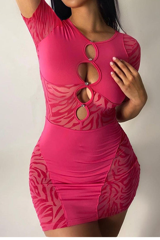 Panelled Bodycon Mini Dress With Cutout Diamante Detail in Hot Pink
